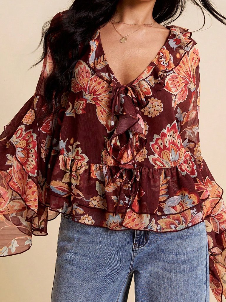 Multicolor Boho Women's V-Neck Long Sleeve Blouse With Ruffle Asymmetrical Hem